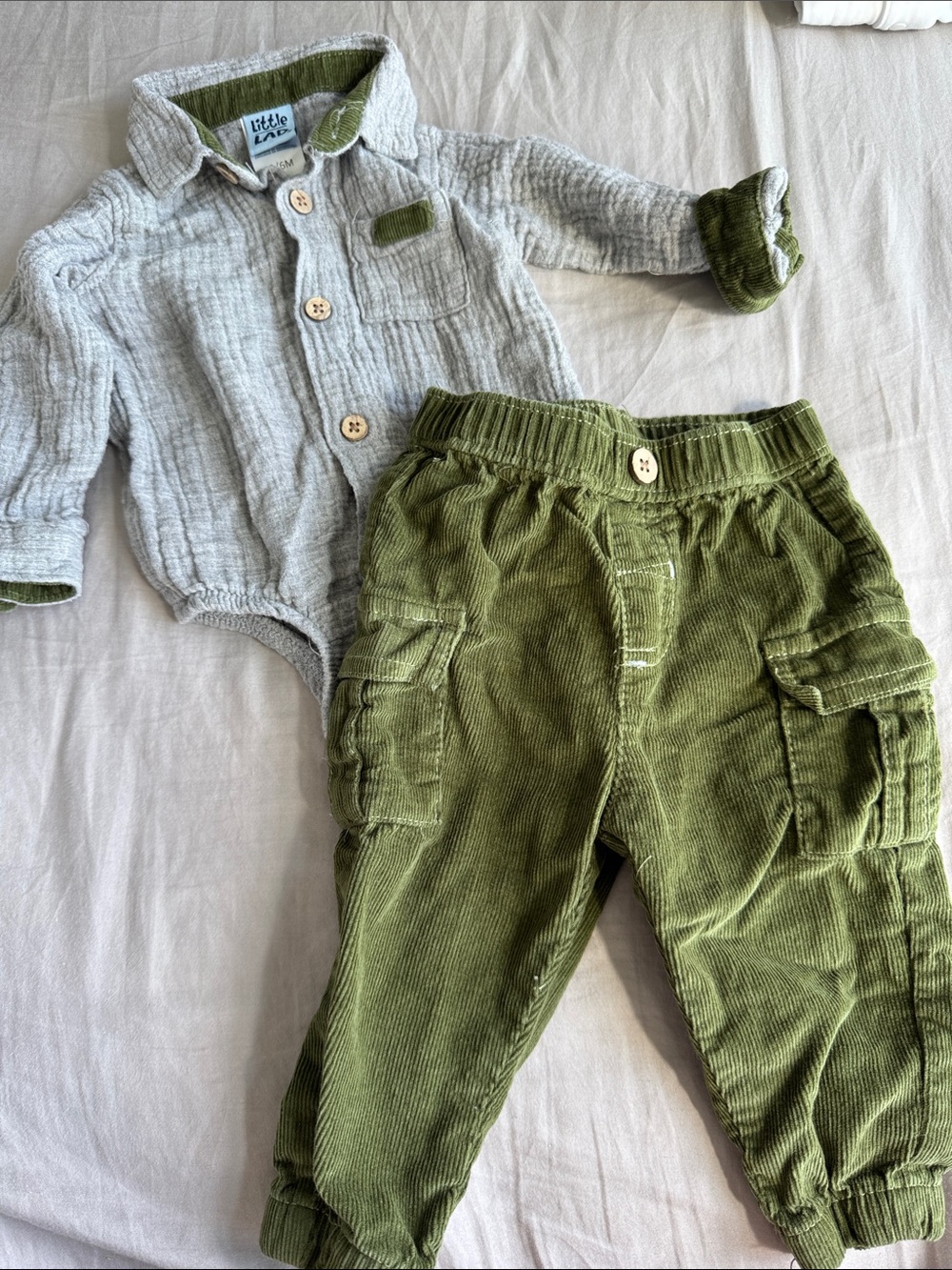 Olive Green Corduroy + Grey Button Down — Kids Matching Set